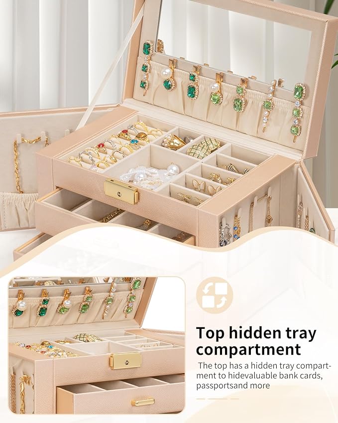 AKOZLIN Large 4-Tier Jewelry Box Leather Jewelry Storage Organizer with 3 Drawers Lockable for Women Girls Ring Necklace Earring Bracelet Watches Holder with Mirror Champagne-CubbioJoy