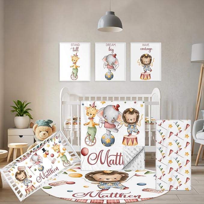 Custom Baby Crib Bedding Set, 5 Pcs Personalized Name Baby Crib Set with Double Layer Blanket, Soft Circus Animals Nursery Bedding Set for Girls Boys, Customized Gifts for Infants Toddlers-CubbioJoy