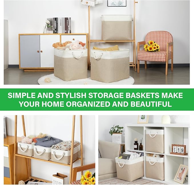 Bidtakay Extra Large Storage Baskets for Organizing 17x12x15.1 inch 3-Pack Fabric Closet Organizers Storage Bins with Handles Foldable Storage Baskets for Shelves Clothes XL-White&Beige-CubbioJoy