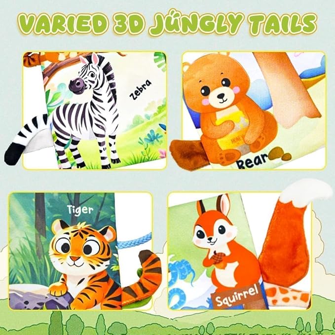 Baby Toys 0-6 Month, Crinkle Books for Babies, Jungle Tails Soft Baby Cloth Books 6 to 12 Months with 10 Pcs Jungle Animal Finger Puppets, Infant Tummy Time Sensory Toys, Newborn Gifts for Boys Girls-CubbioJoy