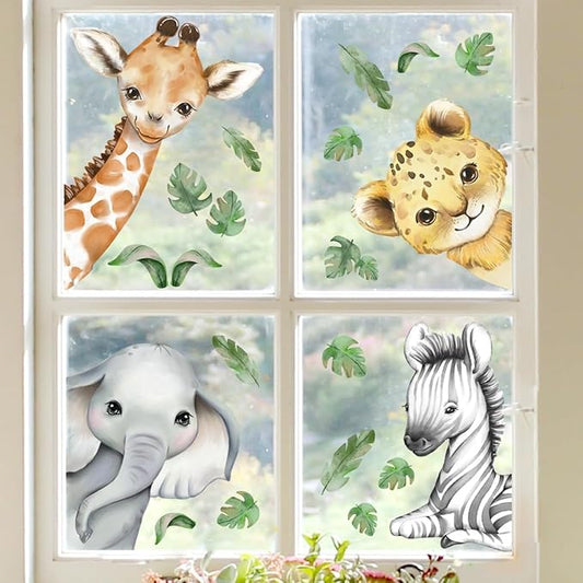 22.44 x 21.25 Inch Watercolor Jungle Animal Window Clings Tiger Lion Elephant Zebra Window Stickers Double-Side Safari Animal Window Stickers for Baby Nursery Playroom Bedroom Window Glass Wall Decor-CubbioJoy