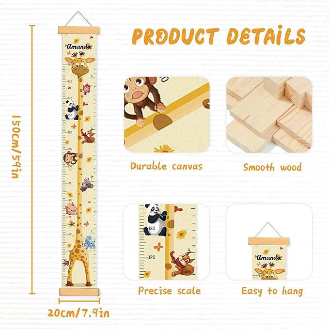 Customize Name Growth Chart Wall, Funny Giraffe Premium Canvas Removable Height Chart for Kids, Height Measurement for Wall, Unisex Kids Room Wall Decor, Measuring Height Charts-CubbioJoy