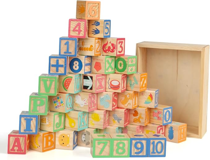 Joqutoys ABC Wooden Building Blocks for Toddlers 3 Large, 40 PCS Alphabet & Number Stacking Blocks with Storage Tray, Montessori Educational Learning Toys for Boys Girls Kids Gifts 1.65"-CubbioJoy