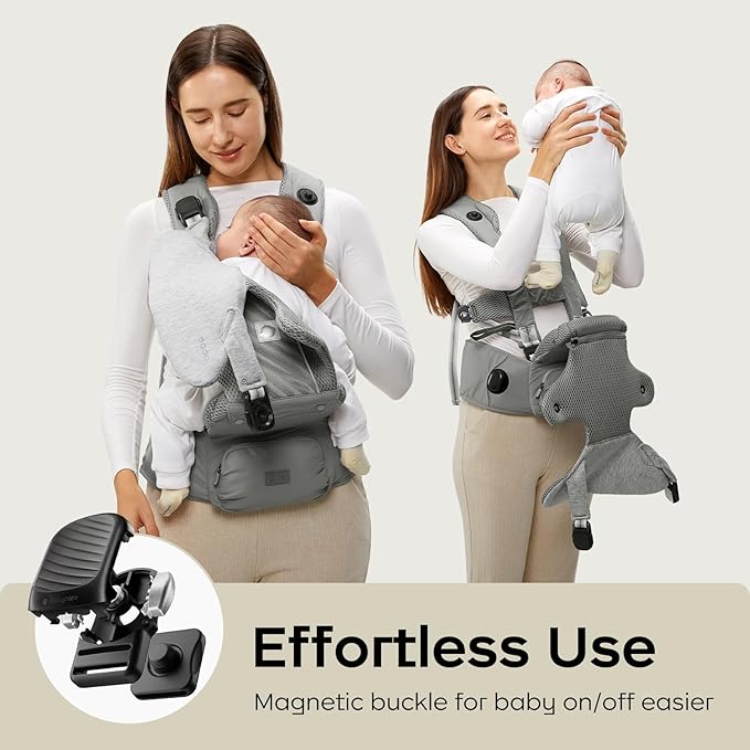 Bc Babycare Hexa Effortless Baby Carrier with Hip Seat - Ergonomic Toddler Carrier (13.2-33 lbs), Adjustable Slide Lock & Knob, Hip-Healthy Design for Parent's Back Relief, Gray-CubbioJoy