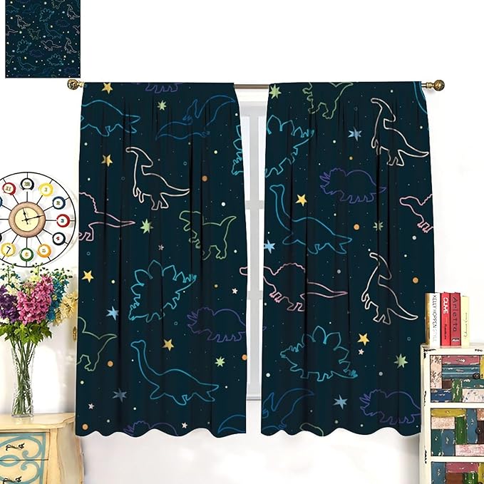 Cartoon Colorful Dinosaur Curtains for Kids Boys Girls Home Decor, Astronaut Funny Outer Space Star Blackout Rod Pocket Window Drapes for Bedroom Living Room W42xL84in 2 Panels-CubbioJoy