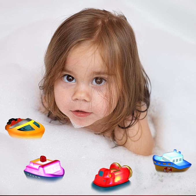Bath Toys, 6 Packs Light up Boat Floating Rubber Set, Flashing Color Changing Light in Water, Tub Gift for Baby Infant Toddler Child Kid, Bathtub Ship Toy for Bathroom Shower Game Swimming Pool Party-CubbioJoy