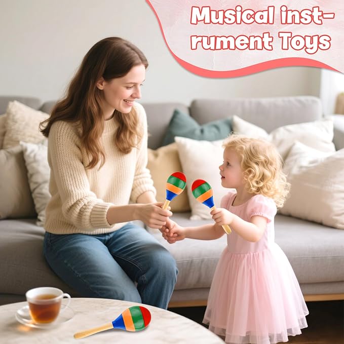 2 Pcs Maracas Hand Percussion Rattles, PLULON Colorful Wooden Maracas Rumba Shakers Rattle Latin Musical Instrument for Kids Adults Game Playing, Mexican Fiesta Cinco De Mayo Party Favors Supplies-CubbioJoy