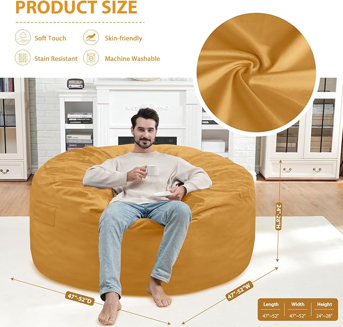 5FT Bean Bag Chair, Large Bean Bag Chairs with Memory Foam Filled, Fluffy Beanbag Sofa with Dutch Velvet Cover, Round BeanBag Chairs for Living Room, Playroom - Mustard-CubbioJoy