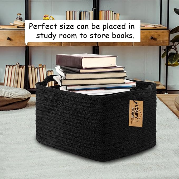 COMFY-HOMI Storage Basket for Shelves, Woven Baskets for Storage, Cotton Rope Basket,Toy Storage Organizer, Storage Cube Bin, Organization and Storage, Towel Baskets for Gift Empty, All Black-CubbioJoy