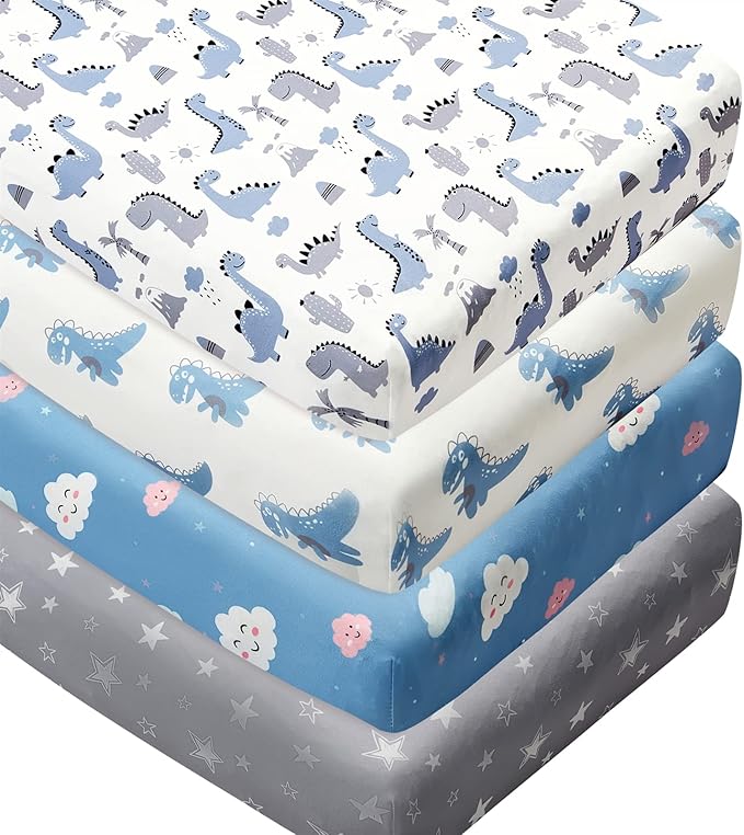 4 Pack Soft Baby Boy Crib Sheets for Standard Crib Mattress Dinosaur Star Cloud Soft Polyester Neutral Unisex Fitted Crib Sheets Set for Baby Boys-CubbioJoy