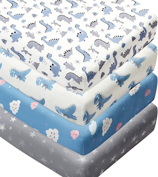 4 Pack Soft Baby Boy Crib Sheets for Standard Crib Mattress Dinosaur Star Cloud Soft Polyester Neutral Unisex Fitted Crib Sheets Set for Baby Boys-CubbioJoy