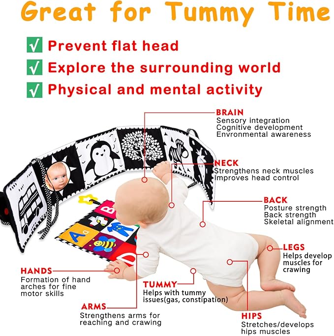 4 PCS Black and White High Contrast Baby Toys 0-3-6 Months Newborn Essential Montessori Toy for Babies Crinkle Sensory Book Brain Development Tummy Time Mirror Infant Carseat Rattle Easter Shower Gift-CubbioJoy