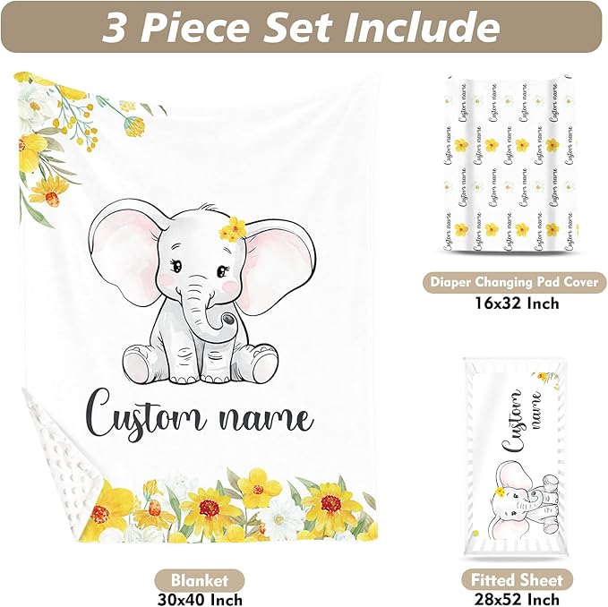 Custom Name Crib Bedding Set - Elephant Pattern, Personalized Yellow Floral Nursery Bedding 3-Piece Set– Soft Blanket, Fitted Sheet, Changing Pad Cover – for Newborns Girls Nursery Gifts-CubbioJoy
