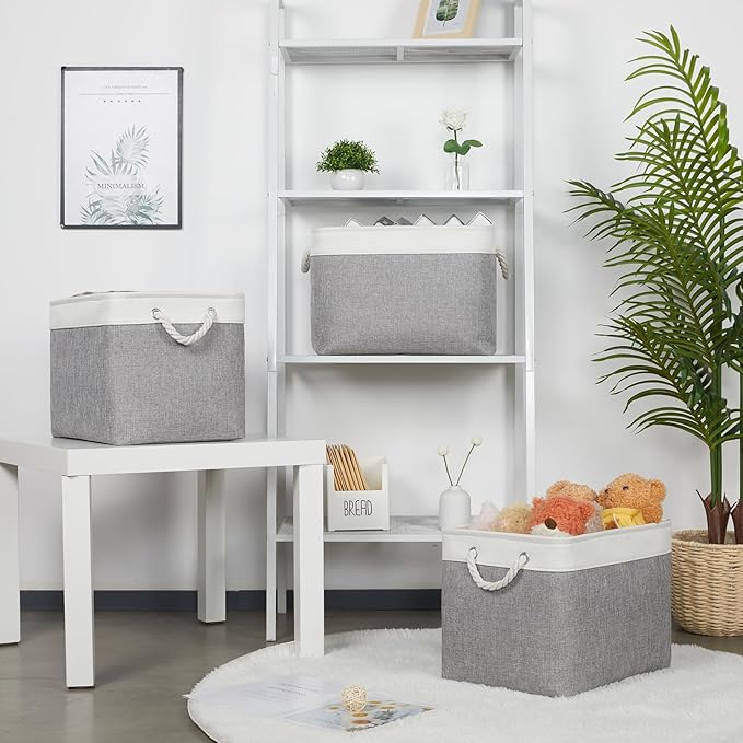 Bidtakay Large Storage Baskets for Organizing 3-Pack Fabric Closet Organizers Storage Bins with Handles 16x11.8x11.8 In Collapsible Baskets for Shelves Cloth Home Organization L-White&Grey-CubbioJoy
