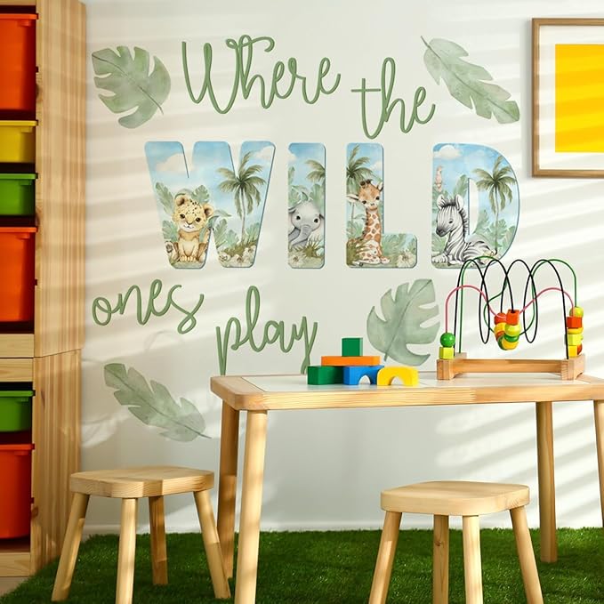 27.95x21.65 Inches Watercolor Wild Jungle Animal Wall Decals - Forest Safari Removable Stickers for Baby's Nursery, Playroom, Bedroom, Classroom - Tiger, Elephant, Giraffe Decor-CubbioJoy