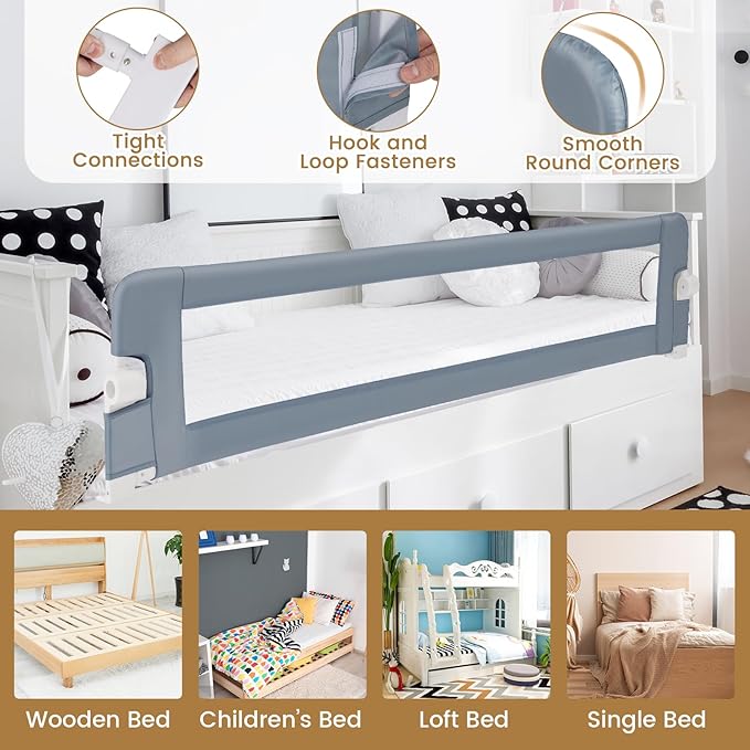 BABY JOY Double Sided Bed Rail Guard, 2 Pack, Extra Long, Swing Down for Convertible Crib, Folding Baby Safety Bedrail for Kids Twin Full Size Queen King Mattress, Rails for Toddlers (Light Gray, 71")-CubbioJoy