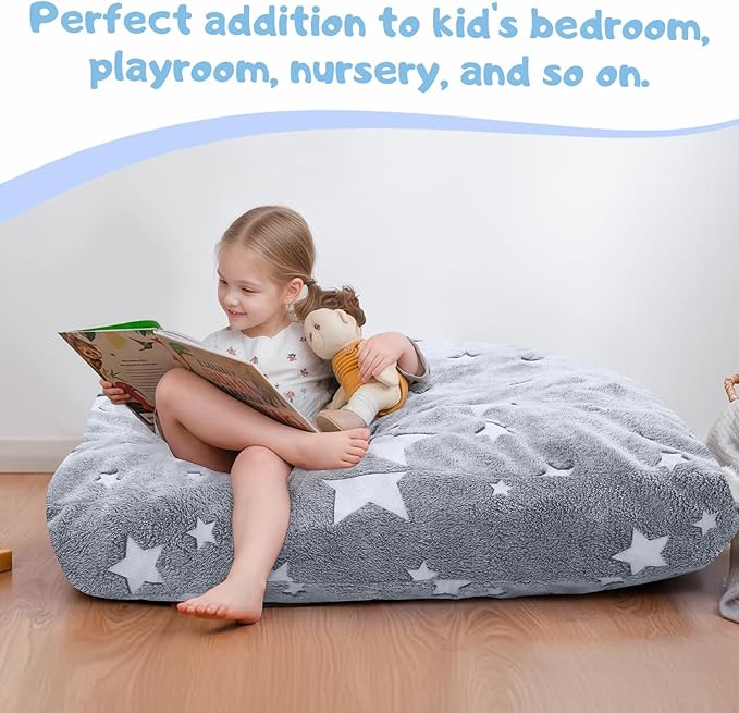 COMAX Kids Bean Bag Chair Turn into Beanbag Bed, Unicorn Toddler Bean Chair for Girl Boy Sleeping, Lazy Children Sofa Couch with Filler, Convertible Child Floor Mattress, Glowing Grey Star-CubbioJoy