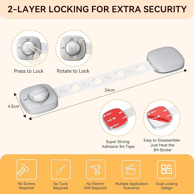 2 Pack Cabinet Locks/Refrigerator Locks Baby Proofing - Child Proof Locks for Drawer, Refrigerator, Fridge, Toilet Seat-No Screws or Tools Required (2 Pack-Grey Locks)-CubbioJoy