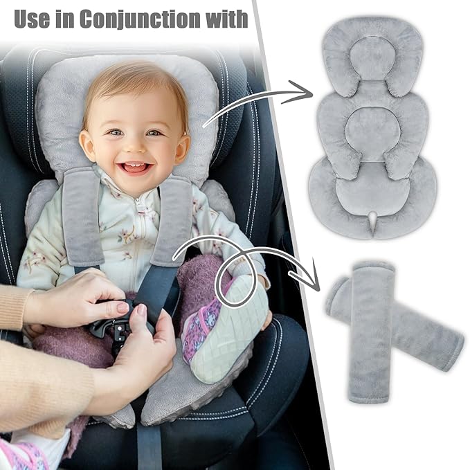 Infant Car Seat Insert Head and Body Support, GFU Reversible Newborn Insert for Carseat with Strap Pads, Soft Stroller Cushion Pillow Insert for Boys and Girls, Fits for Stroller, Swing, Grey-CubbioJoy