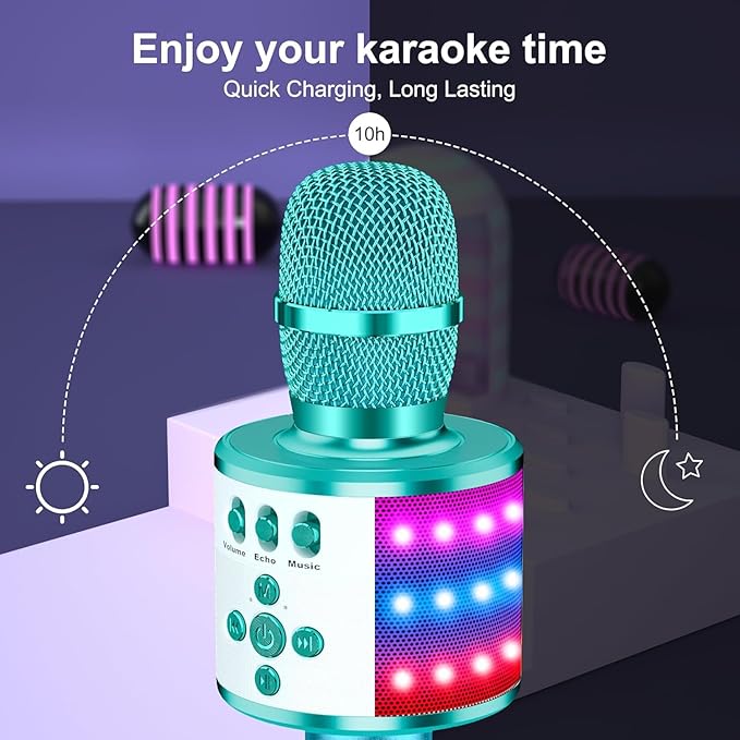 BONAOK Karaoke Microphone for Kids & Adults - Bluetooth Microphones Singing Mic with Disco Lights, Echo Effect, Built-in Speaker Portable Karaoke Player for Party Travel Gifts Q78(Ice Blue)-CubbioJoy