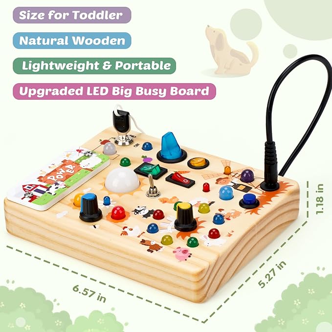 Joyreal Wooden Busy Board with LED Light, Montessori Toddler Toys, Wooden Sensory Board, Toddlers Activity Travel Toys for Boy & Girl Birthday Gift (Farm Theme)-CubbioJoy