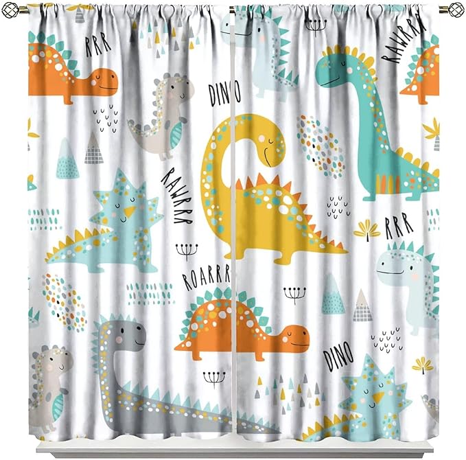 Dinosaur Curtains for Kids Boys Girls Home Decor Childish Cute Dino Animals Print Pattern Rod Pocket Blackout Window Drapes for Nursery Baby Bedroom Playroom W26xL84in 2 Panels-CubbioJoy