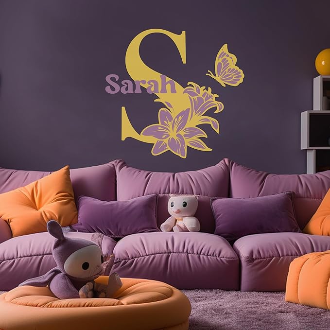 CRYPTONITE Custom Name & Initial with Lily and Butterfly I Flower Wall Decals for Bedroom Decor | Custom Decal for Girl Bedroom Decor I Pink Room Decor for Little Girl Room Decor (B. Flower)-CubbioJoy