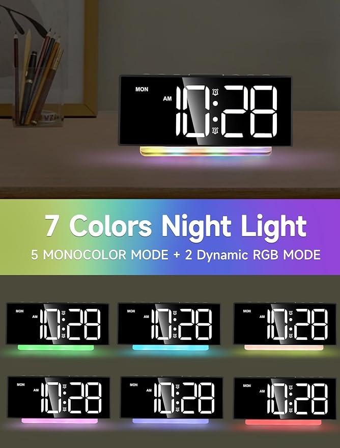 Cadmos Extra Loud Alarm Clock for Heavy Sleepers Adults,Teens,Kids,Rainbow Clock for Bedrooms,Small Bedside Digital Clock with Large Display,7 Color Night Light,12/24h(Black+Dynamic)-CubbioJoy