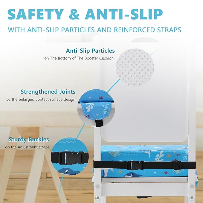 Booster Seat for Kitchen Chair with Adjustable Straps, Toddler Booster Seats for Dining Table Portable for Travel Camping Eating, Booster Cushion for Table for Baby Child Infant Kid Boy Girl-CubbioJoy