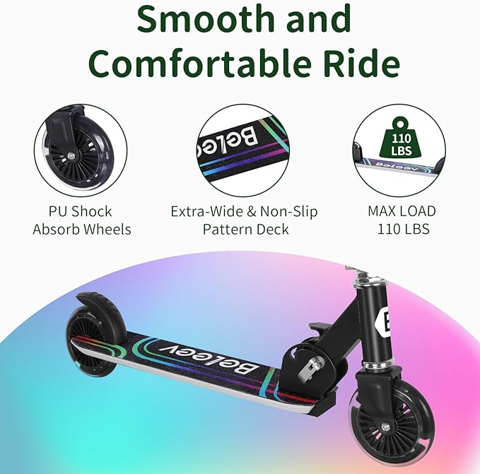 BELEEV V2 Scooters for Kids with Light-Up Wheels & Stem & Deck, 2 Wheel Folding Scooter for Girls Boys, 3 Adjustable Height, Non-Slip Pattern Deck, Lightweight Kick Scooter for Children Ages 3-12-CubbioJoy