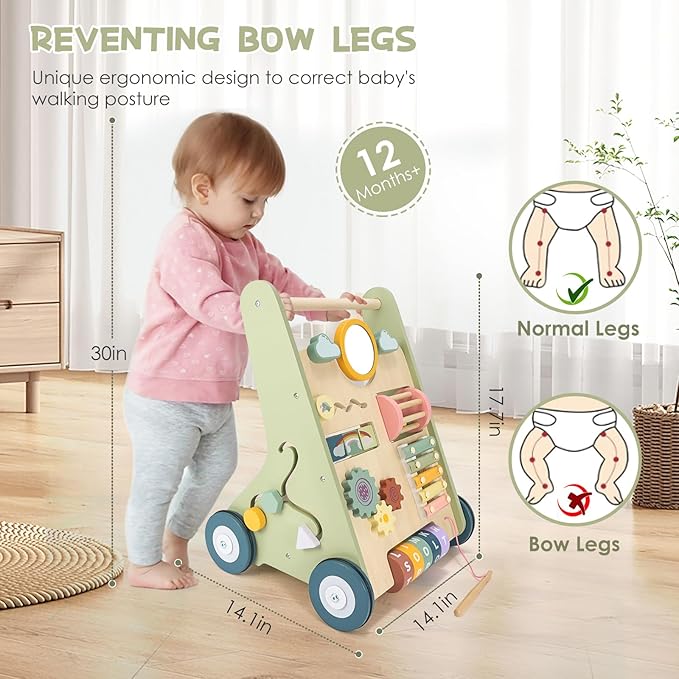 Baby Push Walker, Wooden Baby Walker with Wheels, Montessori Push Walker for Babies 6-12 Months, Push Walking Toys for Boys&Girls 1 Year Old, Gifts for Toddler-CubbioJoy