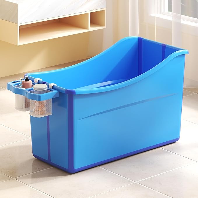 Collapsible Baby Bathtub Foldable Bathtub for Toddler Portable Large Foldable Bath Tub Bathtub for Kids Petite with Thermometer and Storage Basket (Blue)-CubbioJoy