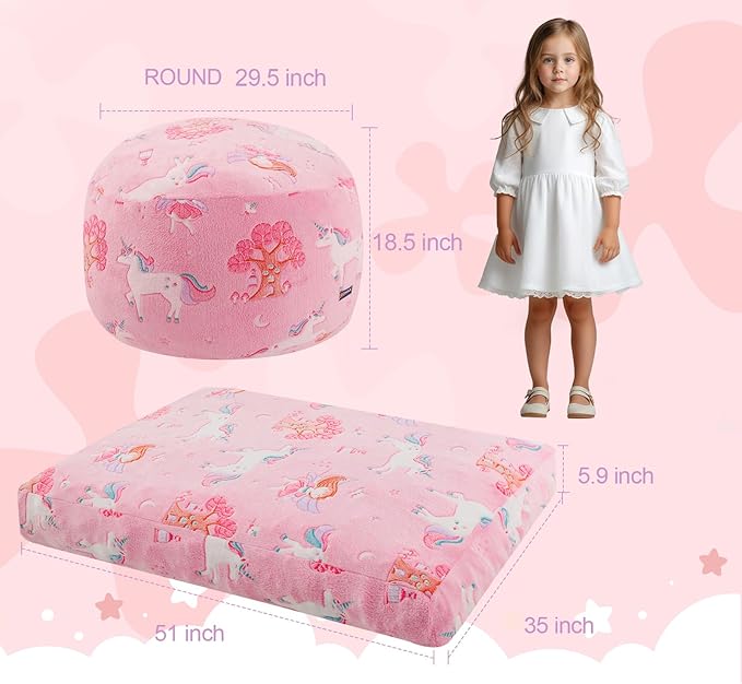 COMAX Kids Bean Bag Chair Turn into Beanbag Bed, Toddler Bean Chair for Girl Boy Sleeping, Lazy Children Bean Bags with Filler, Convertible Child Floor Mattress, Pink Fairy-CubbioJoy