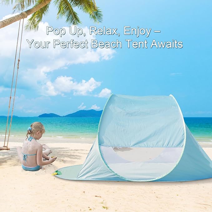 Action Air UPF 50+ Pop Up Beach Tent for 2-3 People, Instant Sun Shelter with 360°Ventilation, Water-Resistant Canopy, Lightweight & Portable Sun Shade for Beach, Camping, Sports (Blue)-CubbioJoy