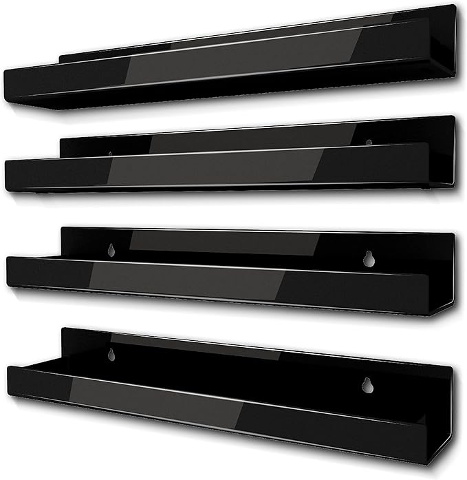 4 Pack 15 Inch Black Acrylic Shelves, Black Kids Floating Bookshelf for Kids Room, Modern Nail Polish Rack Sunglasses Essential Oil Picture Ledge Display Toy Storage Wall Shelf-CubbioJoy