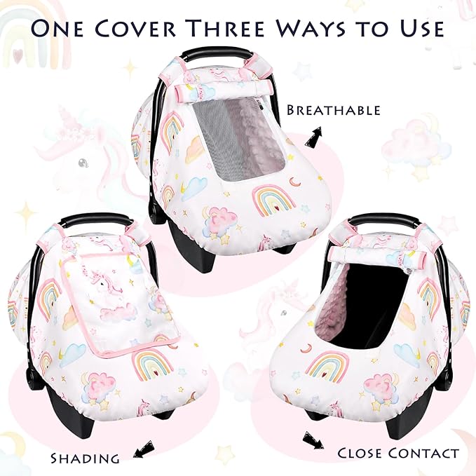 Baby Carseat Cover Girls, Pea Pod Unicorn Infant Car Seat Covers Canopy for Newborn with 2 Layers Windows of Breathable Mesh/Fabric, Lightweight Polyester/Minky Dot Backing, Snug Fit-CubbioJoy