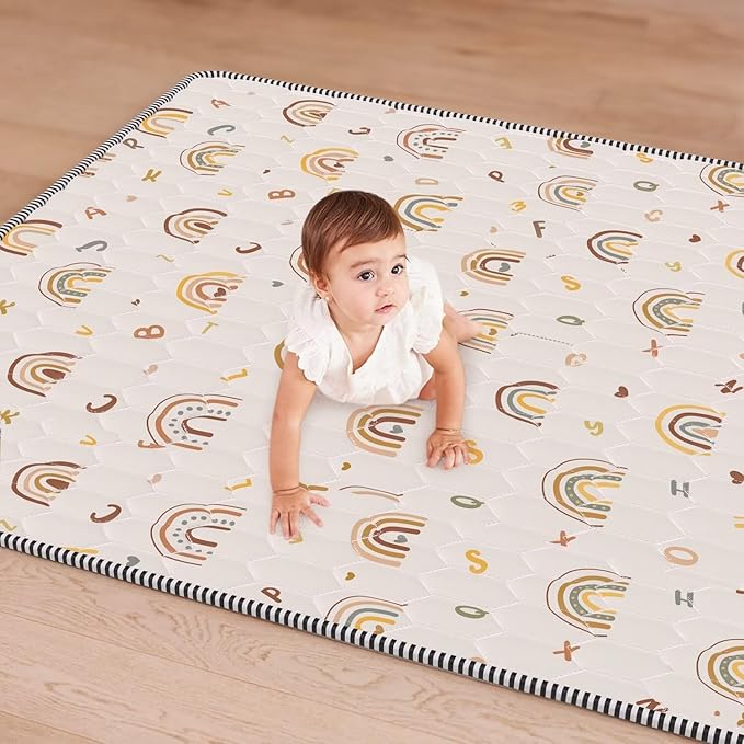 Boho Rainbow Baby Play Mat 71" X 59" Playpen Mat Thicken One-Piece Crawling Mat Non-Slip Cushioned Baby Floor Mat Letter Playmats for Babies Toddlers Infants Tummy Time Activity (71X59,Beige)-CubbioJoy
