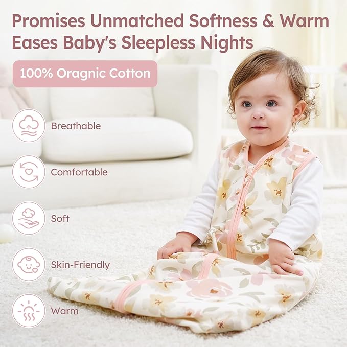 Baby Sleep Sack 0-6 Months 3 Pack 100% Cotton Lightweight 0.5 TOG Wearable Blanket Baby Sleep Bag with 2-Way Zipper for Newborn Infant Pink Flowers & Leaf-CubbioJoy
