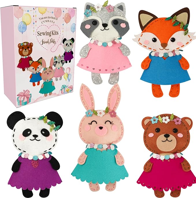 Cymbana Kid Sewing Craft Kit to Make a Friend for Beginner Felt Craft Learn to Sew, Panda Fox Bunny Raccoon Bear 5 Animals-CubbioJoy