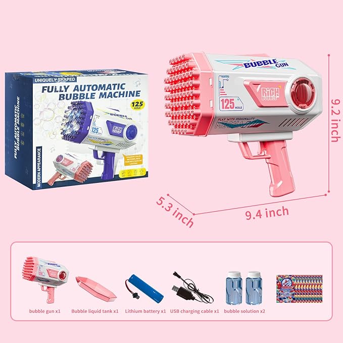 Bubble Gun, Upgraded 125 Holes Bubble Guns for Wedding, Pink Bubble Machine for Kids Age 3 4 5 6 7 8 9 10 11 12 Year Old, Big Bubble Blower Gun with Lights, Halloween Outdoor Party Favors-CubbioJoy