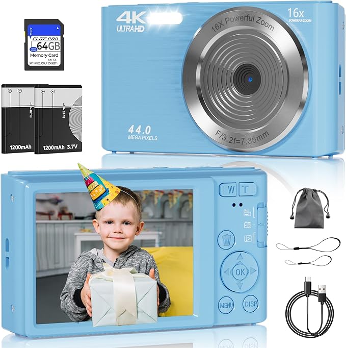 Digital Camera, FHD 4K 44MP Digital Camera, 16X Digital Zoom, Digital Point and Shoot Camera with 3-LED Fill Lights, 64GB SD Card, Compact Camera for Kids Teen Boys Girls, Blue-CubbioJoy