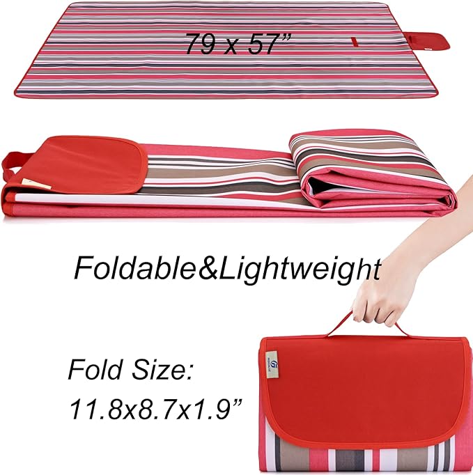 Beach Blanket Picnic Mat Sandproof Waterproof Extra Large Outdoor Camping Blanket Foldable Portable Picnic Mat for Travel Hiking Music Festival Park Lawn Grass Red Lines-CubbioJoy