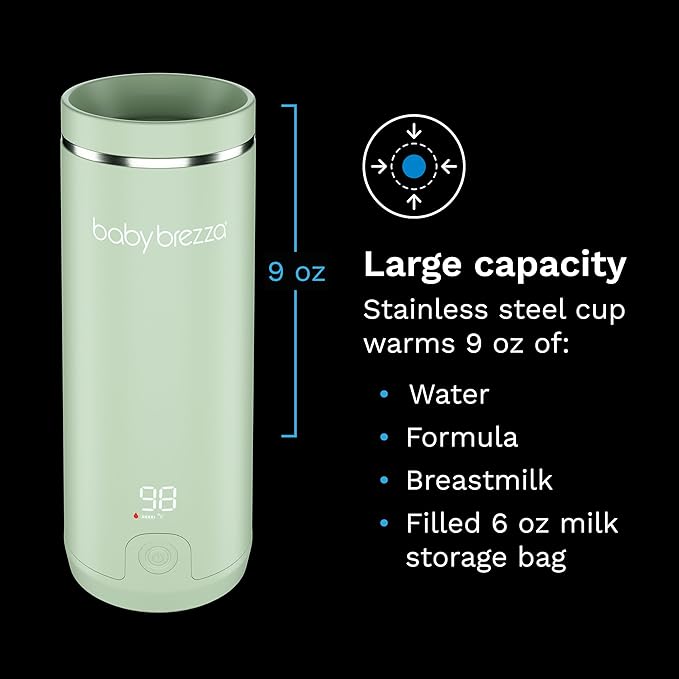 Baby Brezza SuperFast Portable Baby Bottle Warmer – 67% Faster - Travel Breastmilk Warmer and Formula Warmer - Safe, Even Heating - Up to 9oz - No Adapters, Green-CubbioJoy