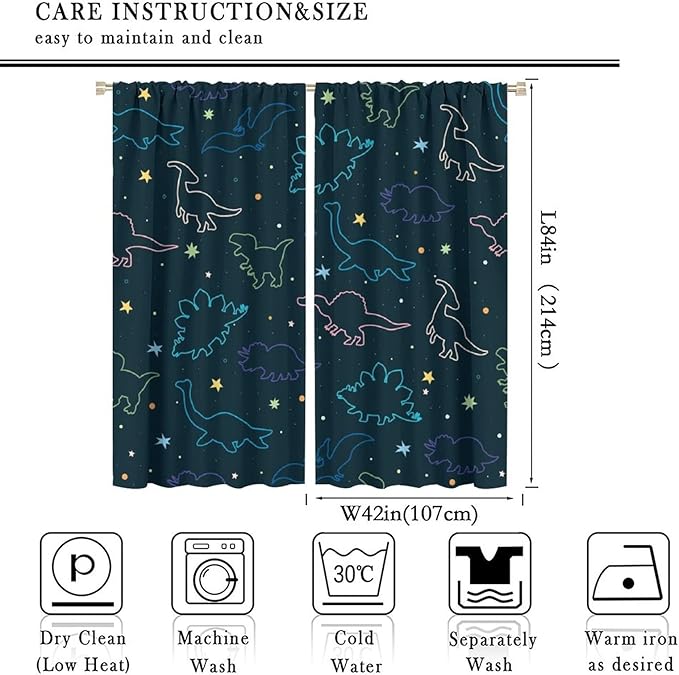 Cartoon Colorful Dinosaur Curtains for Kids Boys Girls Home Decor, Astronaut Funny Outer Space Star Blackout Rod Pocket Window Drapes for Bedroom Living Room W42xL84in 2 Panels-CubbioJoy
