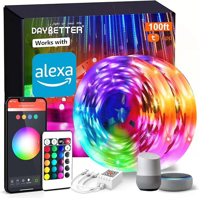 DAYBETTER Smart WiFi Led Lights 100ft, Tuya App Controlled Led Strip Lights, Work with Alexa and Google Assistant, Timer Schedule, Color Changing Led Lights for Bedroom Party Kitchen-CubbioJoy