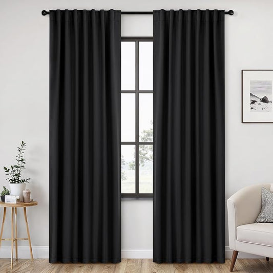 ANRODUO Back Tab Blackout Curtains for Bedroom Living Room, Rod Pocket Pinch Pleated Thermal Insulated Room Darkening Curtains 84 Inches Long 2 Panels, Black, 52 x 84 Inch-CubbioJoy