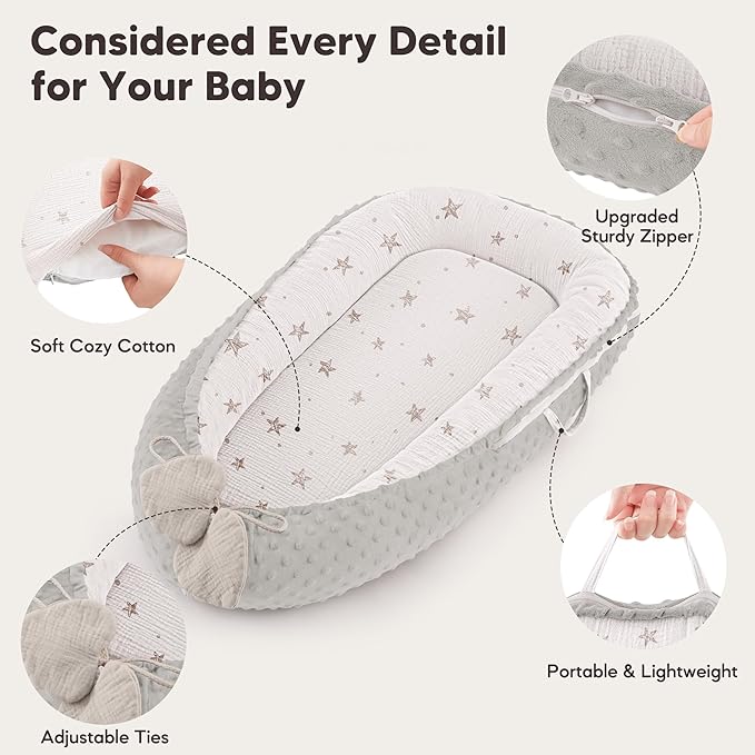 Baby Lounger - Infant Lounger Pillow for Newborn 0-24 Months, Soft, Breathable & Portable Baby Lounger Pillow for Boys & Girls, Cozy Baby Floor Seat for Home & Travel (Beige Star)-CubbioJoy