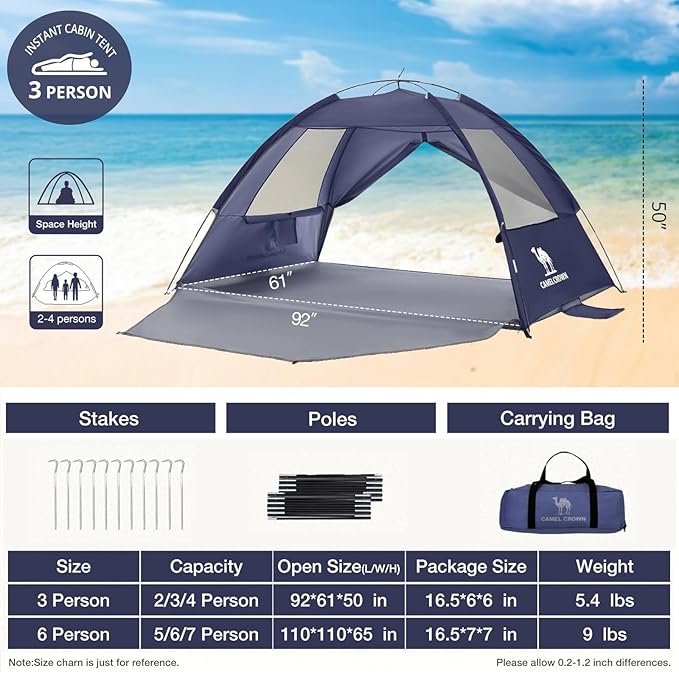 CAMEL CROWN Beach Tent UPF 50+ Sun Shelter for 2/3/5/6 Person, Lightweight Portable Sun Shade with Sand Anchor, Family Beach Day & Outdoor Adventures-CubbioJoy