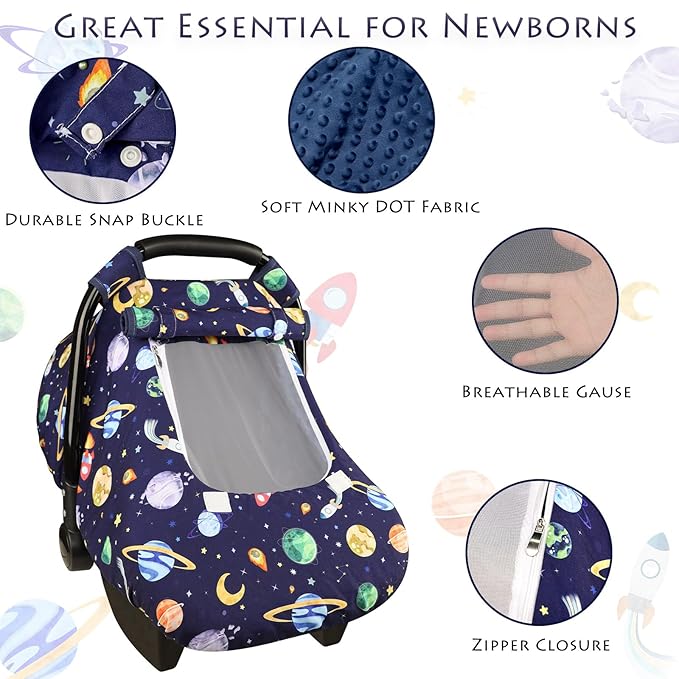 Baby Carseat Cover Winter, Pea Pod Infant Car Seat Covers Canopy for Newborn with 2 Layers Windows of Breathable Mesh/Fabric, Lightweight Polyester/Minky Dot Backing, Snug Fit Most Baby Car Seat-CubbioJoy