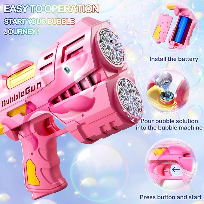 2 Pack Bubble Guns for Kids, Rechargeable LED Light Up Dinosaur Bubbles Machine Blower with 4 Bottles Refill Solution for Toddlers 4-8, Wedding Party Birthday Gift-CubbioJoy